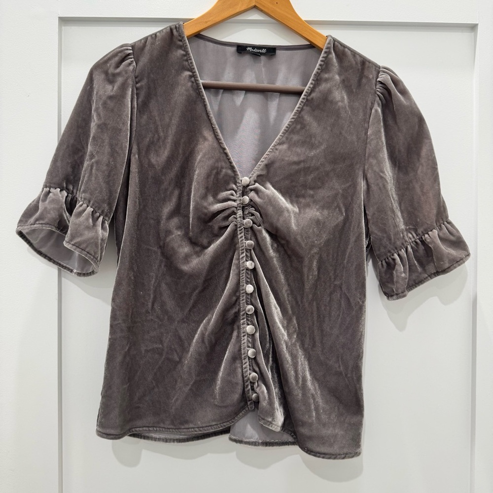 Madewell Silver Velvet Button-Front Blouse